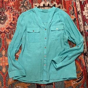NY Collection Gorgeous Turquoise Lightweight Linen Like Button-Up Women's Top